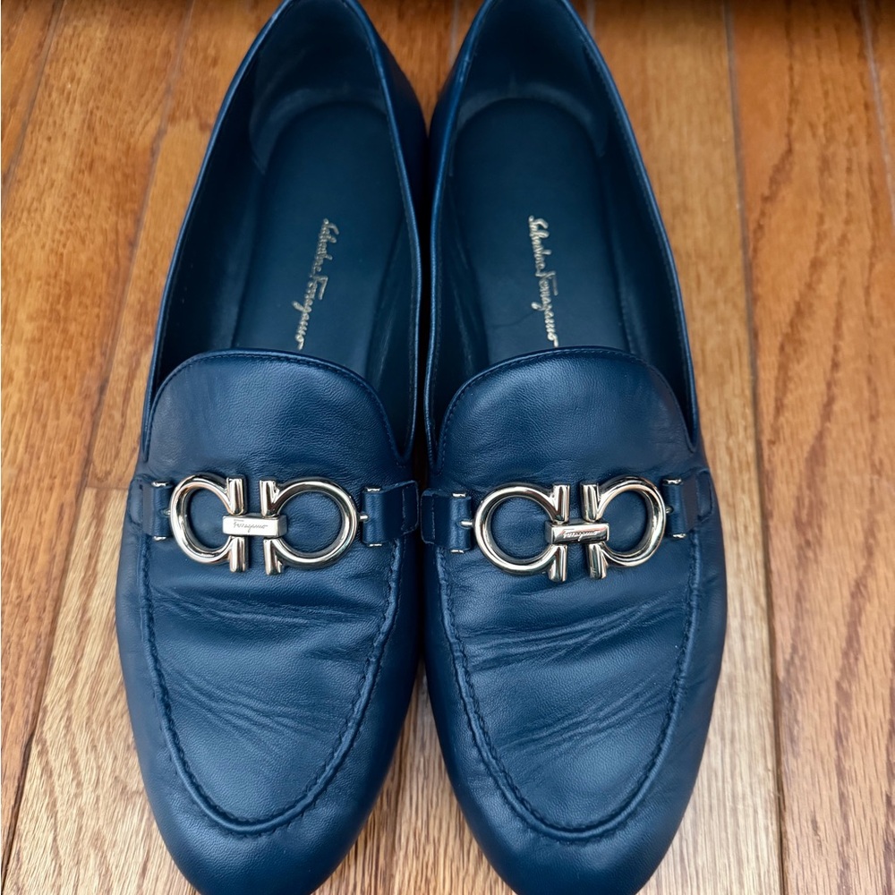 Salvatore Ferragamo Navy Loafers with Gold Accent